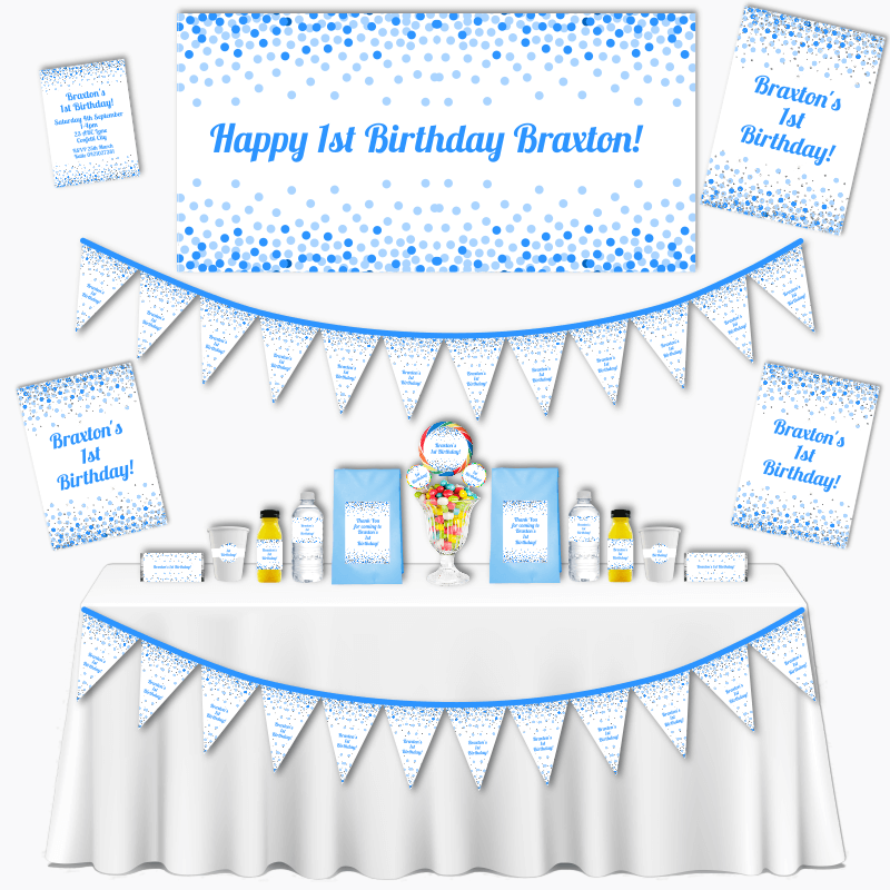 Personalised Blue, White &amp; Silver Confetti Grand Birthday Party Pack