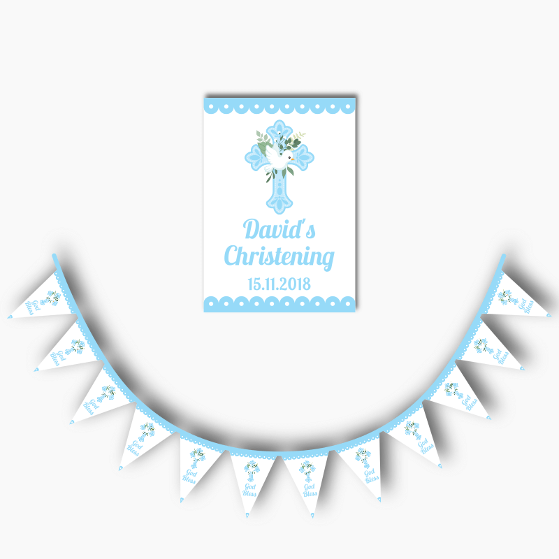 Personalised Blue &amp; White Dove Christening Poster &amp; Flag Bunting Combo