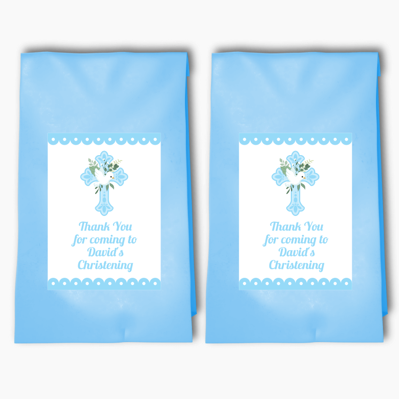 Personalised Blue &amp; White Dove Christening Party Bags &amp; Labels