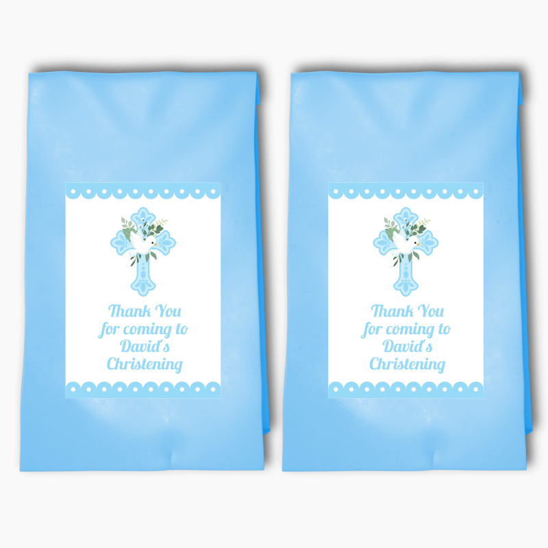 Personalised Blue & White Dove Christening Party Bags & Labels