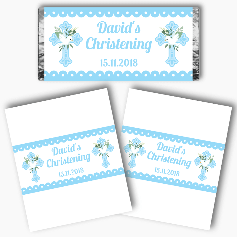 Personalised Blue &amp; White Dove Christening Mini Chocolate Labels