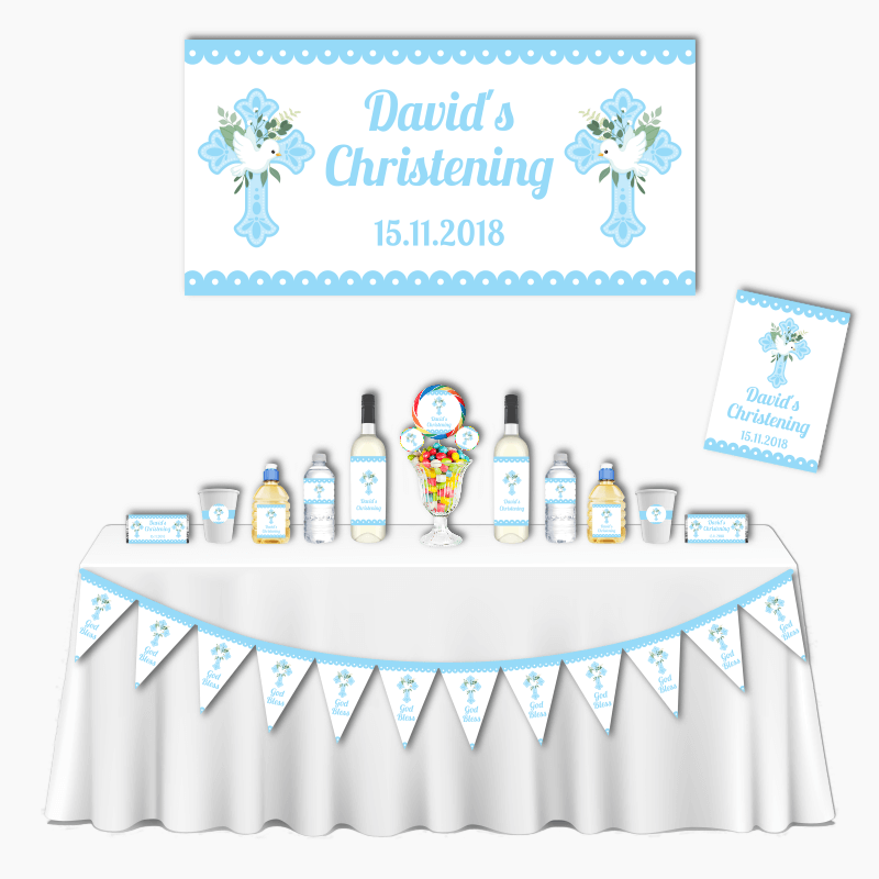 Personalised Blue &amp; White Dove Deluxe Christening Decorations Pack