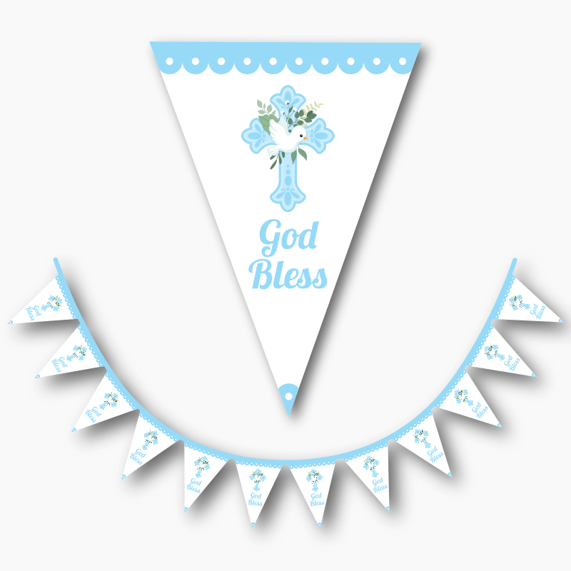 Personalised Blue &amp; White Dove Christening Flag Bunting - Age
