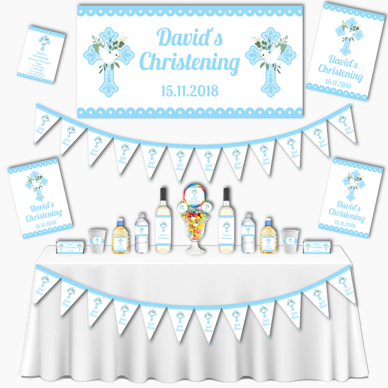 Personalised Blue &amp; White Dove Grand Christening Decorations Pack