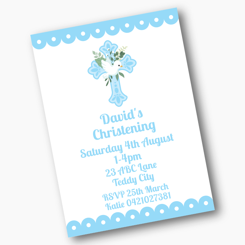 Personalised Blue &amp; White Dove Christening Party Invites