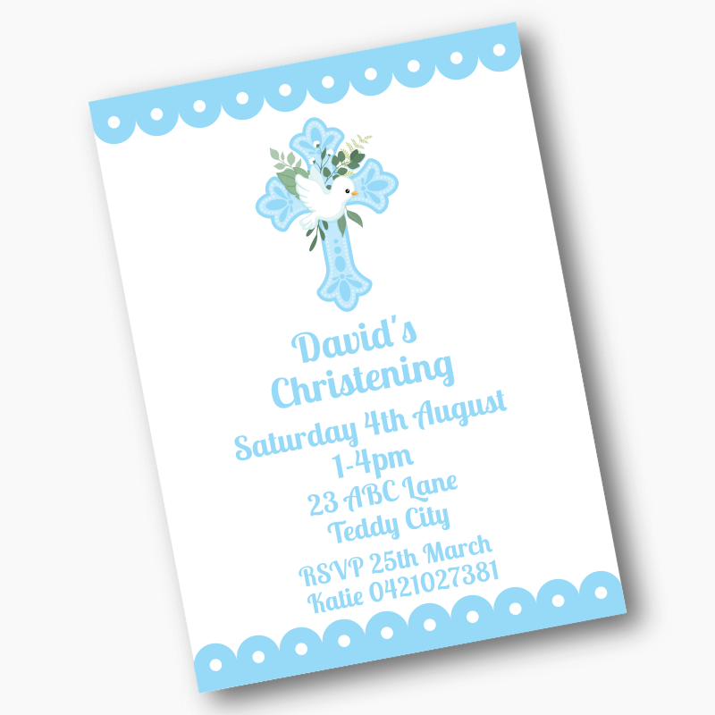 Personalised Blue & White Dove Christening Party Invites