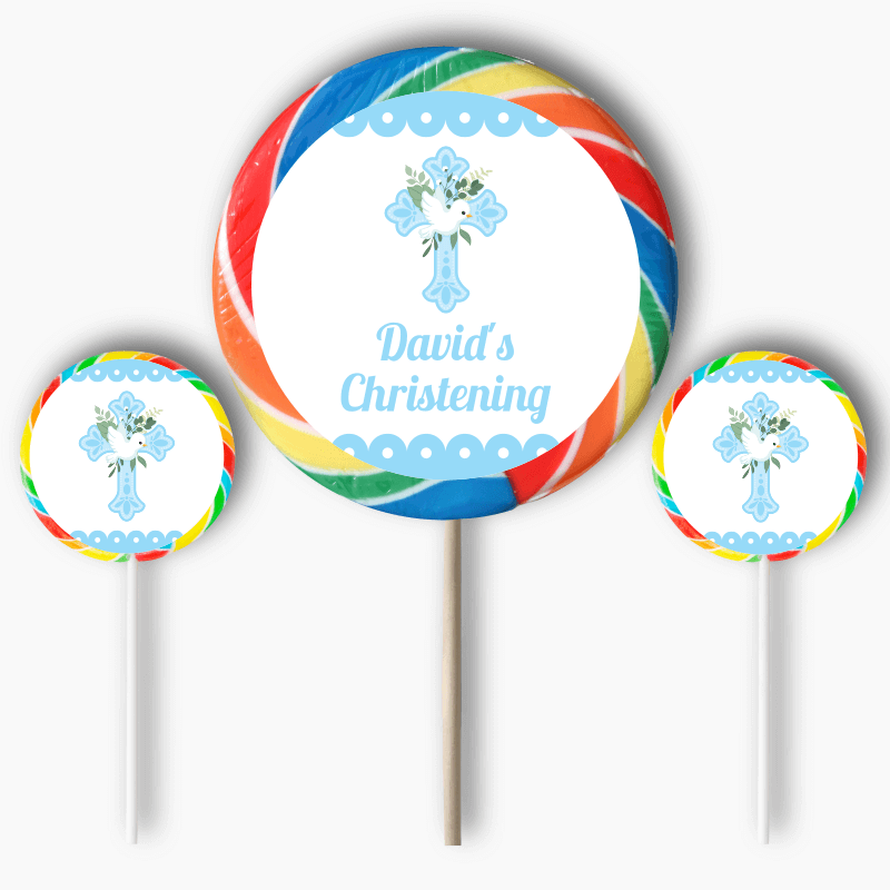 Personalised Blue &amp; White Dove Christening Round Lollipop Stickers