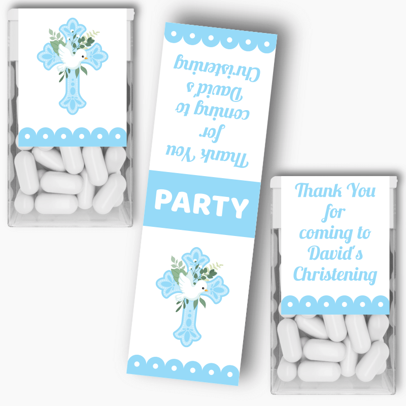 Personalised Blue &amp; White Dove Christening Tic Tac Labels