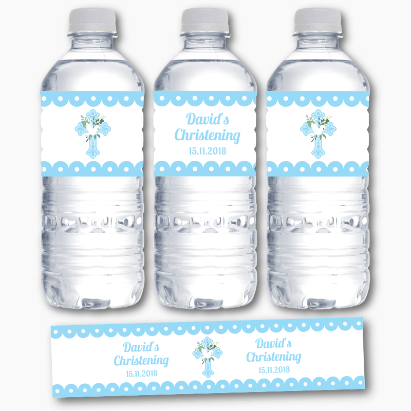 Personalised Blue &amp; White Dove Christening Water Bottle Labels