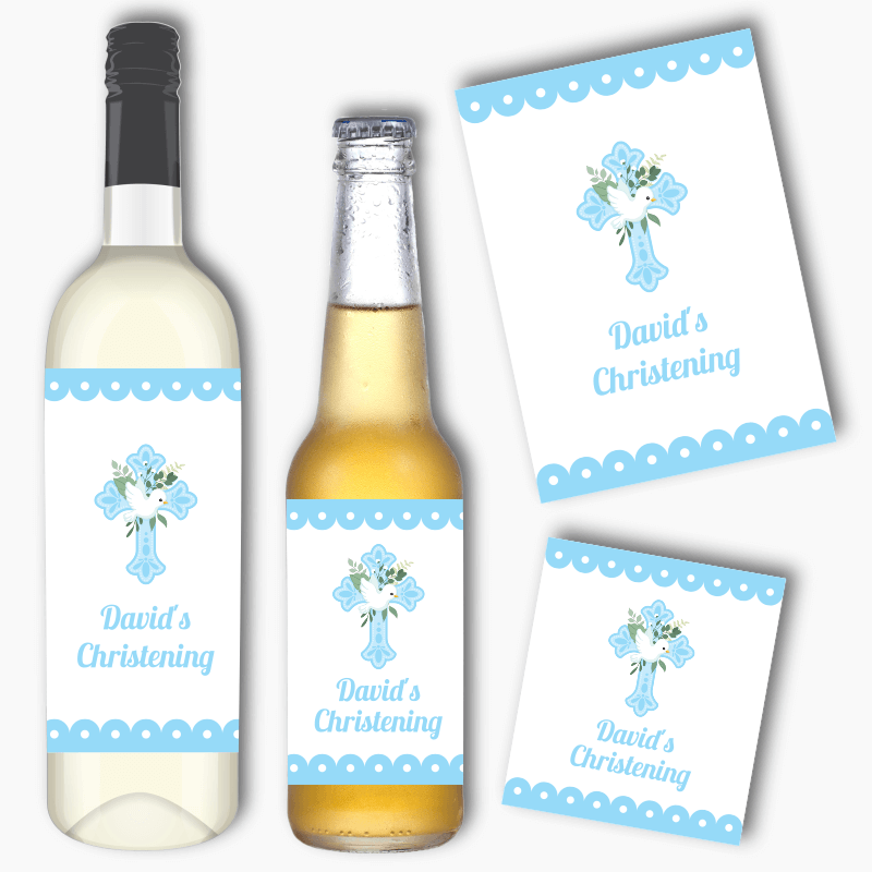 Personalised Blue &amp; White Dove Christening Wine &amp; Beer Labels