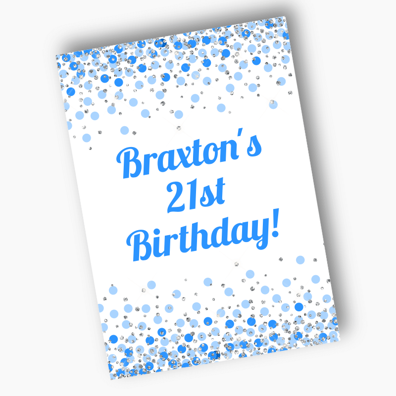 Personalised Blue &amp; Silver Confetti Party Posters - White
