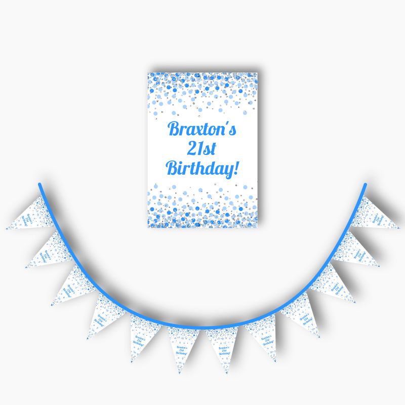 Blue, White &amp; Silver Confetti Party Poster &amp; Bunting Combo