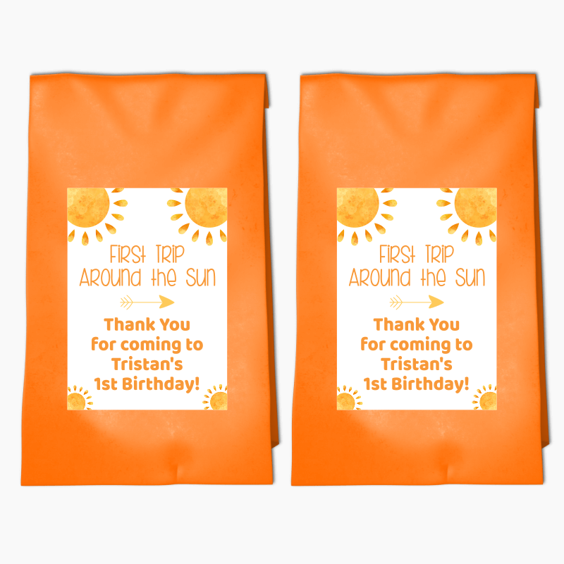 Personalised Boho First Trip Around the Sun Birthday Party Bags & Labels