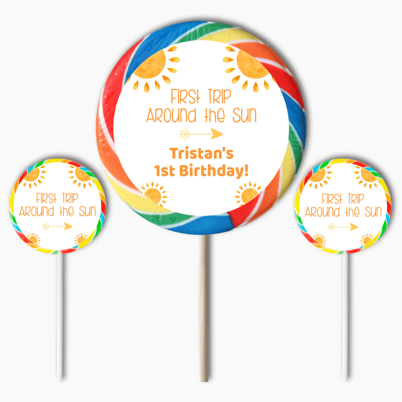 Personalised Boho First Trip Around the Sun Birthday Party Round Stickers