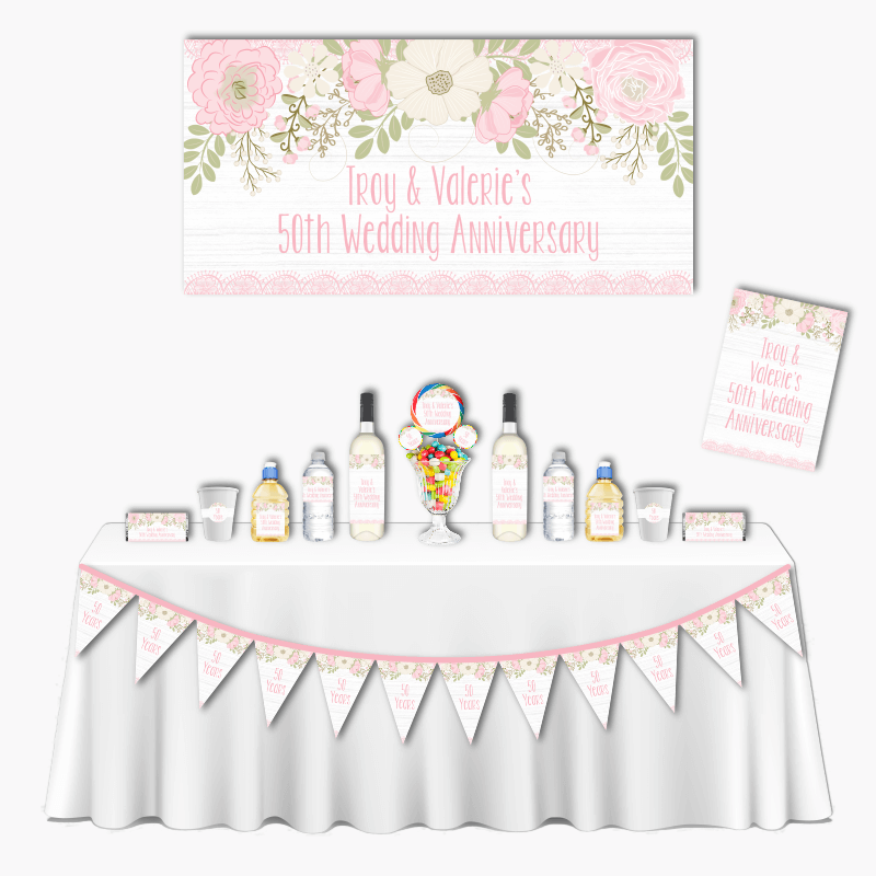 Personalised Boho Pink Floral &amp; Lace Deluxe Wedding Anniversary Decorations Pack