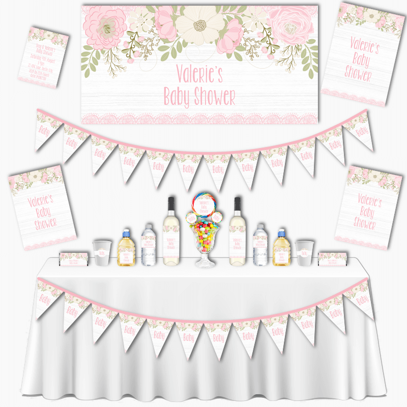 Personalised Boho Pink Floral &amp; Lace Grand Baby Shower Decorations Pack
