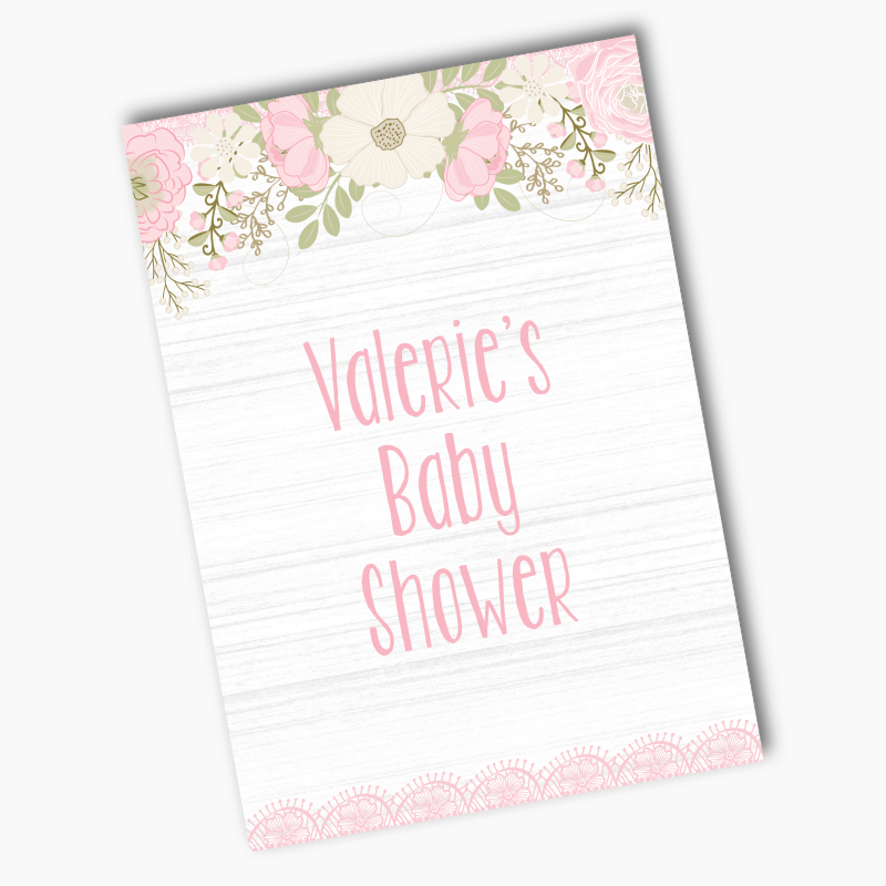 Personalised Boho Pink Floral &amp; Lace Baby Shower Posters