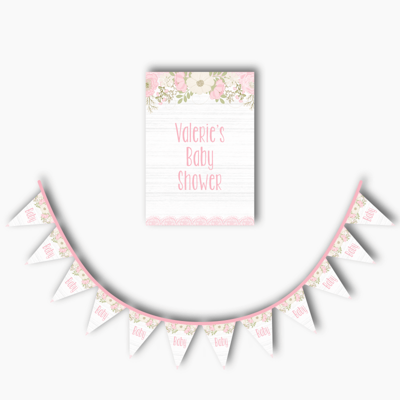 Personalised Boho Pink Floral &amp; Lace Baby Shower Poster &amp; Bunting Combo