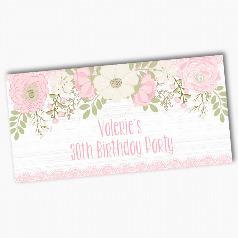 Personalised Boho Pink Floral &amp; Lace Birthday Party Banners