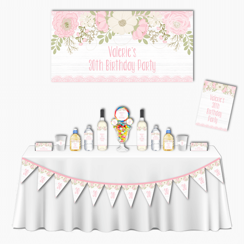 Personalised Boho Pink Floral &amp; Lace Deluxe Birthday Party Decorations Pack