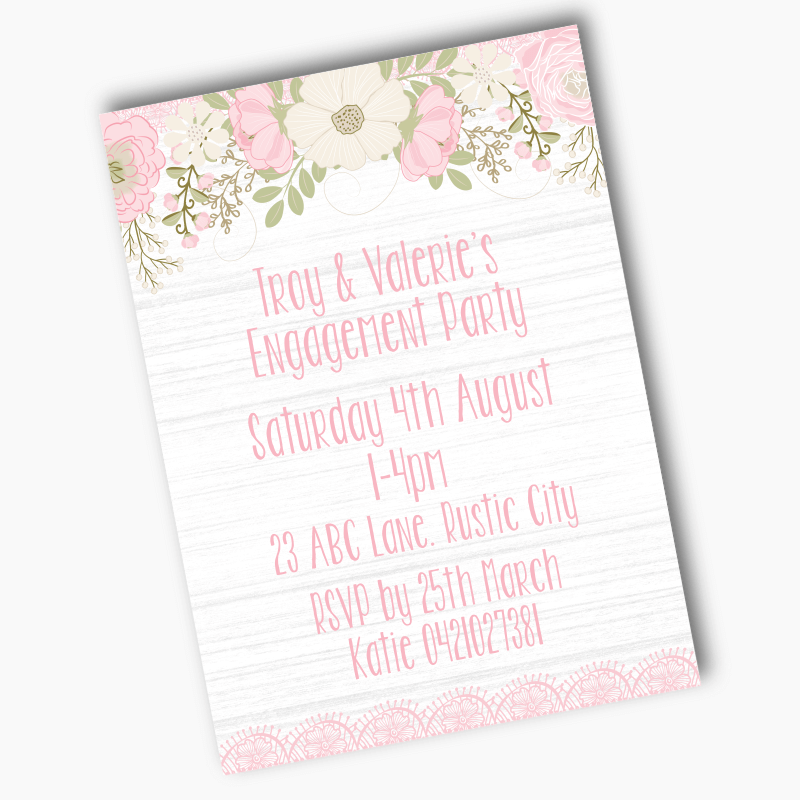 Personalised Boho Pink Floral &amp; Lace Engagement Party Invites