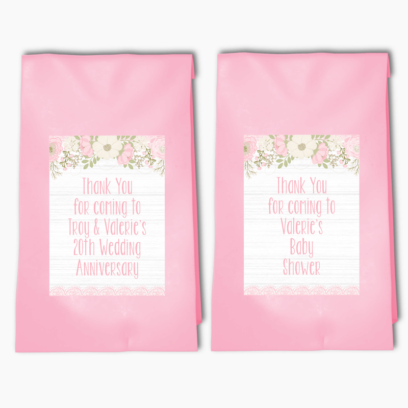 Personalised Boho Pink Floral &amp; Lace Party Bags &amp; Labels