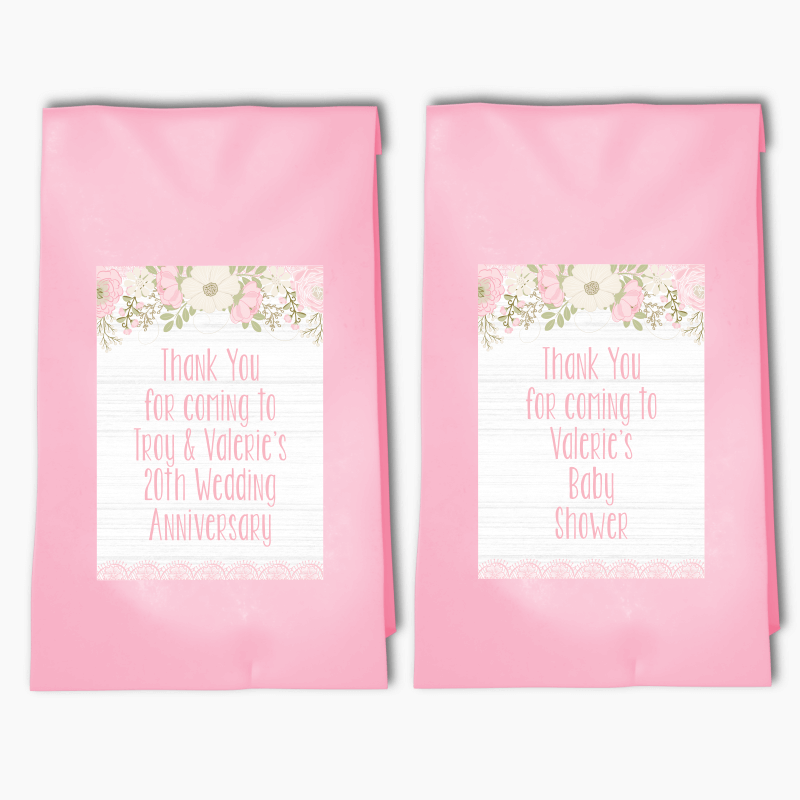 Personalised Boho Pink Floral & Lace Party Bags & Labels