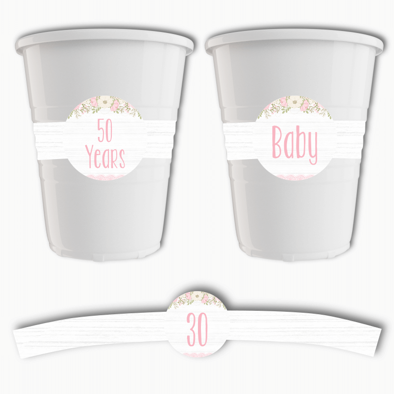 Boho Pink Floral & Lace Party Cup Stickers