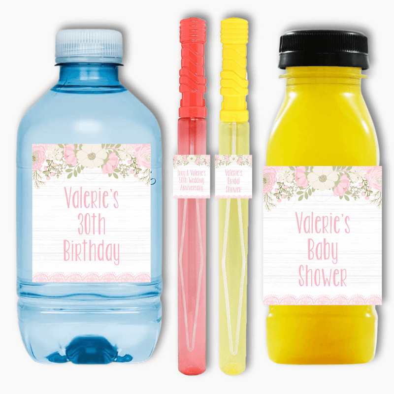 Boho Pink Floral & Lace Party Rectangle Favour Stickers