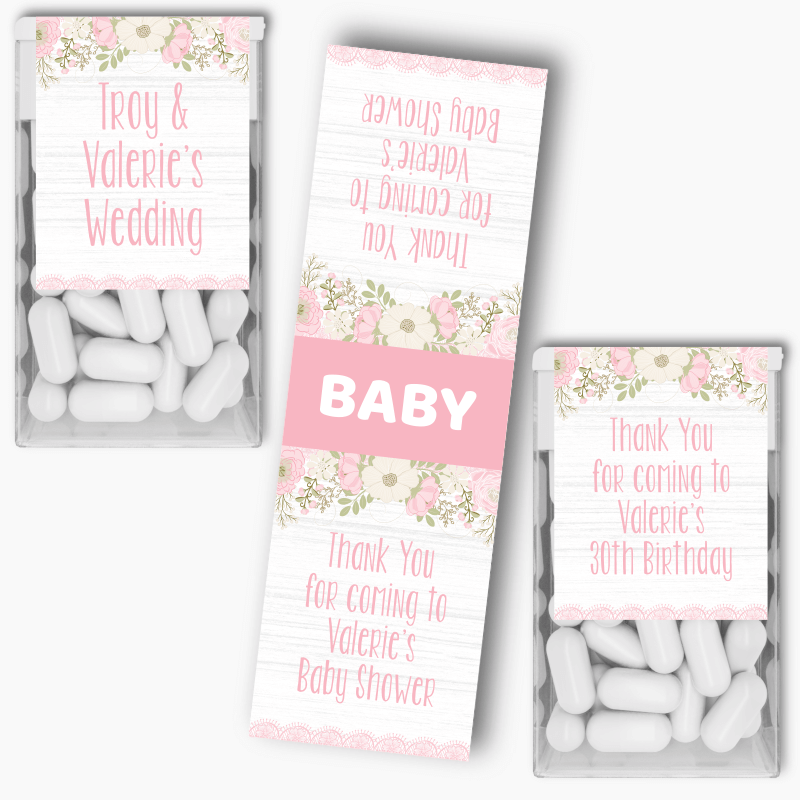 Personalised Boho Pink Floral & Lace Party Tic Tac Labels