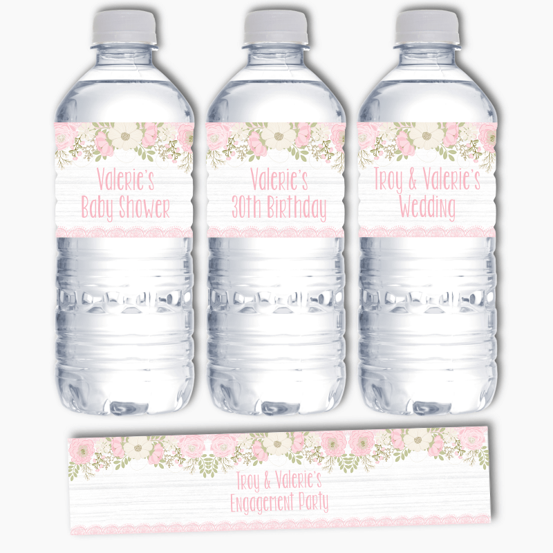 Personalised Boho Pink Floral &amp; Lace Party Water Bottle Labels