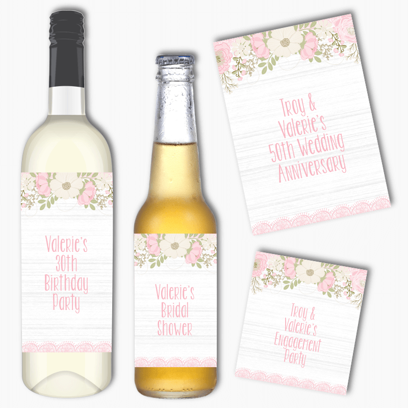 Personalised Boho Pink Floral &amp; Lace Party Wine &amp; Beer Labels