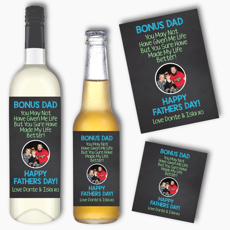 Bonus Dad Made My Life Better Fathers Day Gift Wine & Beer Labels with Photo