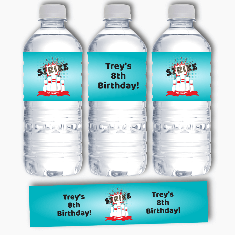 Personalised Bowling Birthday Party Water Bottle Labels
