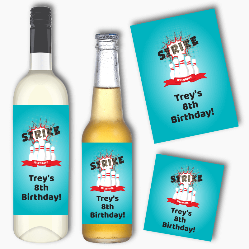 Personalised Bowling Birthday Party Wine & Beer Labels