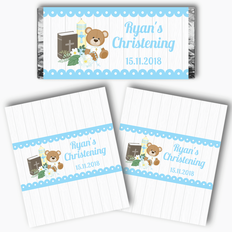 Personalised Boys Teddy Bear Christening Mini Chocolate Labels