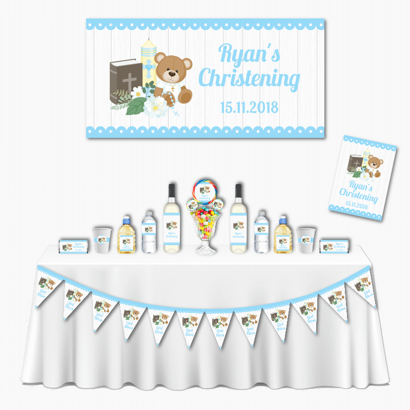 Personalised Boys Teddy Bear Deluxe Christening Decorations Pack