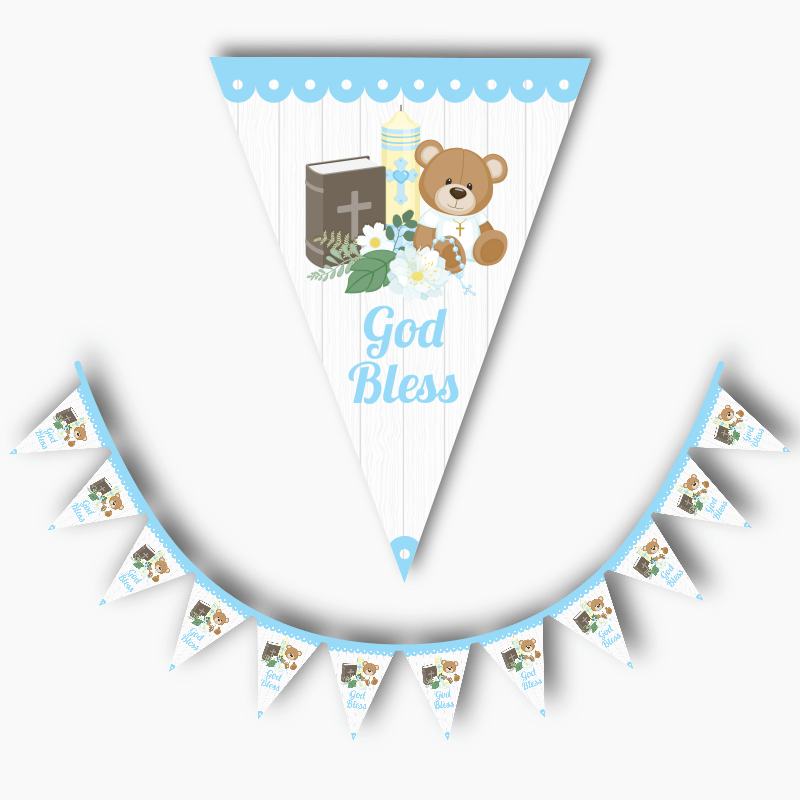 Personalised Boys Teddy Bear Christening Flag Bunting - God Bless