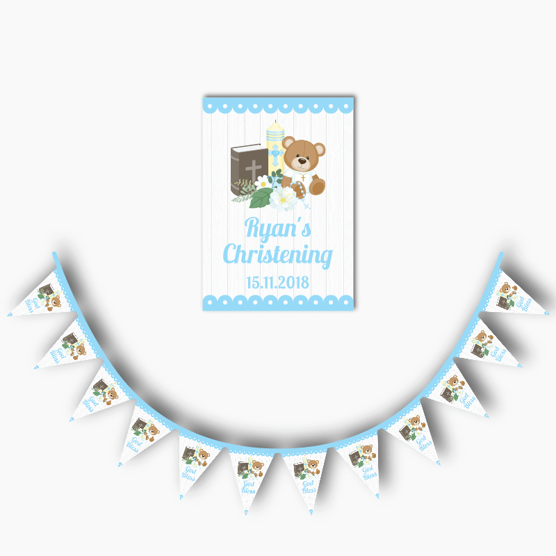 Personalised Boys Teddy Bear Christening Poster &amp; Flag Bunting Combo