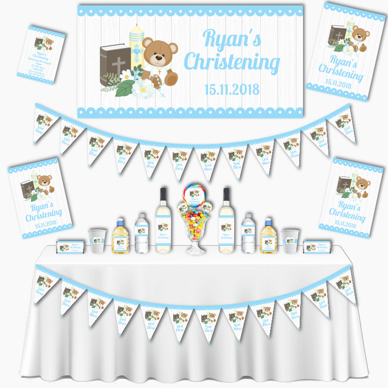 Personalised Boys Teddy Bear Grand Christening Decorations Pack