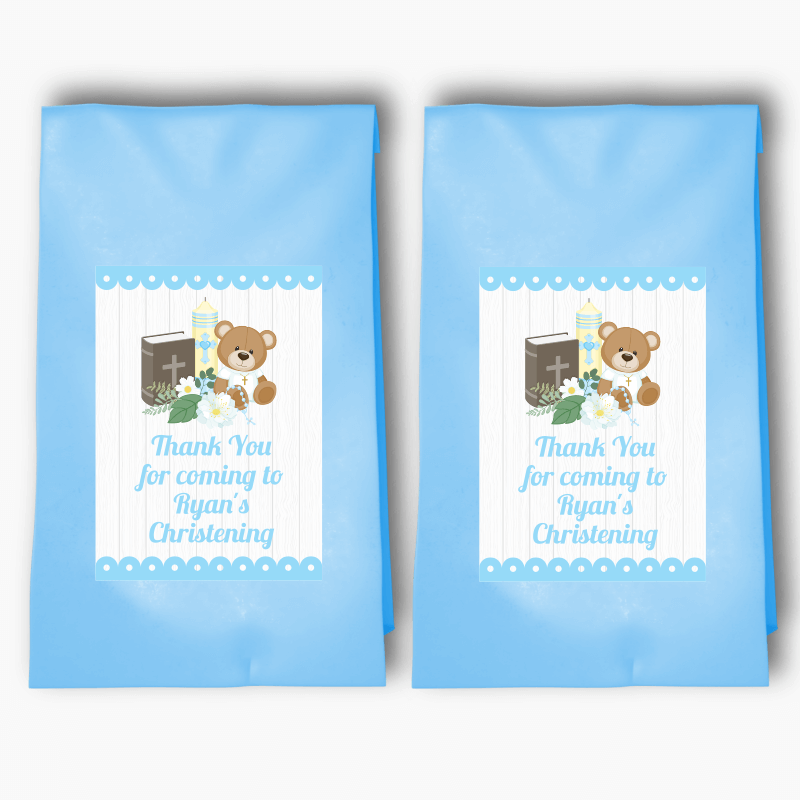 Personalised Boys Teddy Bear Christening Party Bags &amp; Labels