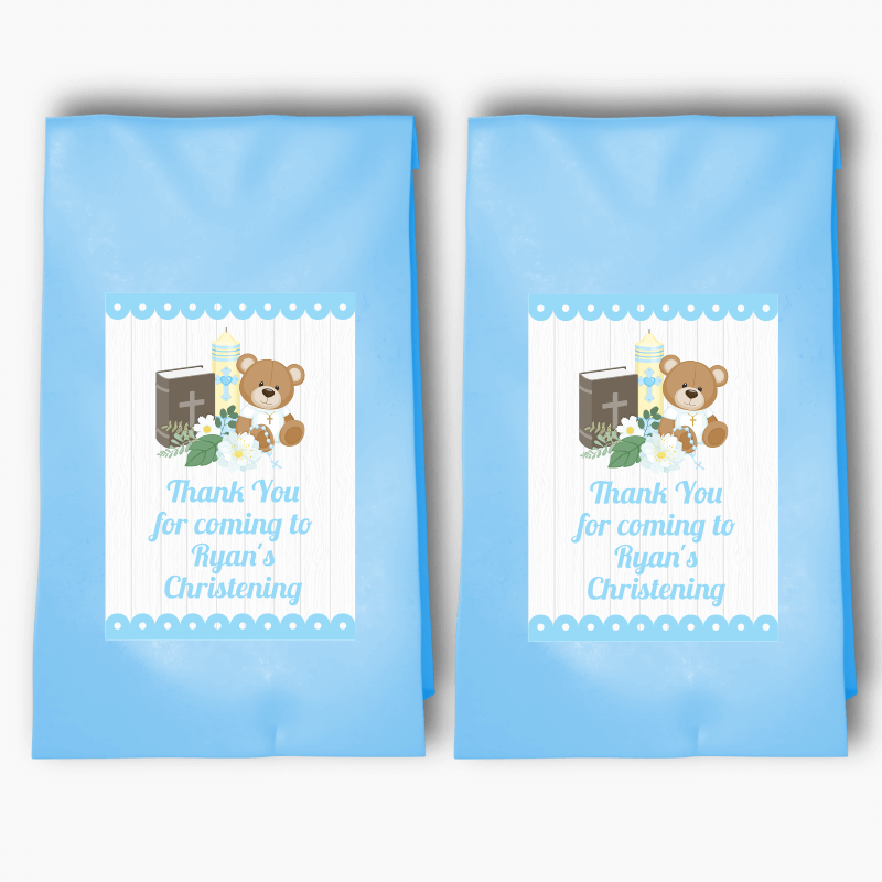 Personalised Boys Teddy Bear Christening Party Bags & Labels