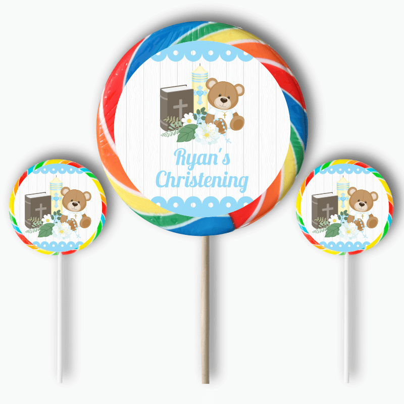Personalised Boys Teddy Bear Christening Round Lollipop Stickers