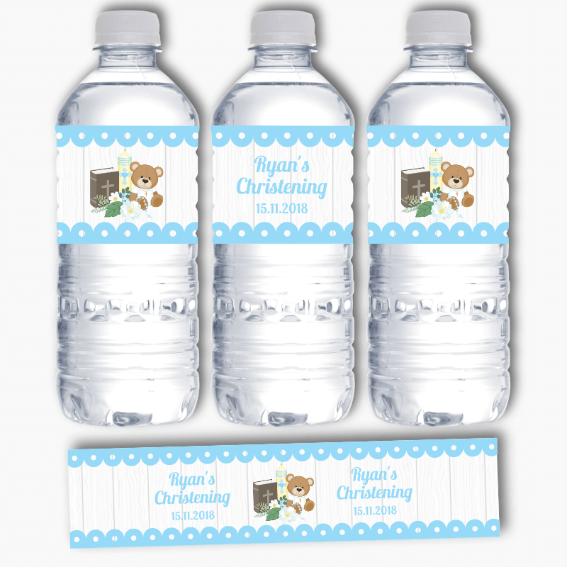 Personalised Boys Teddy Bear Christening Water Bottle Labels