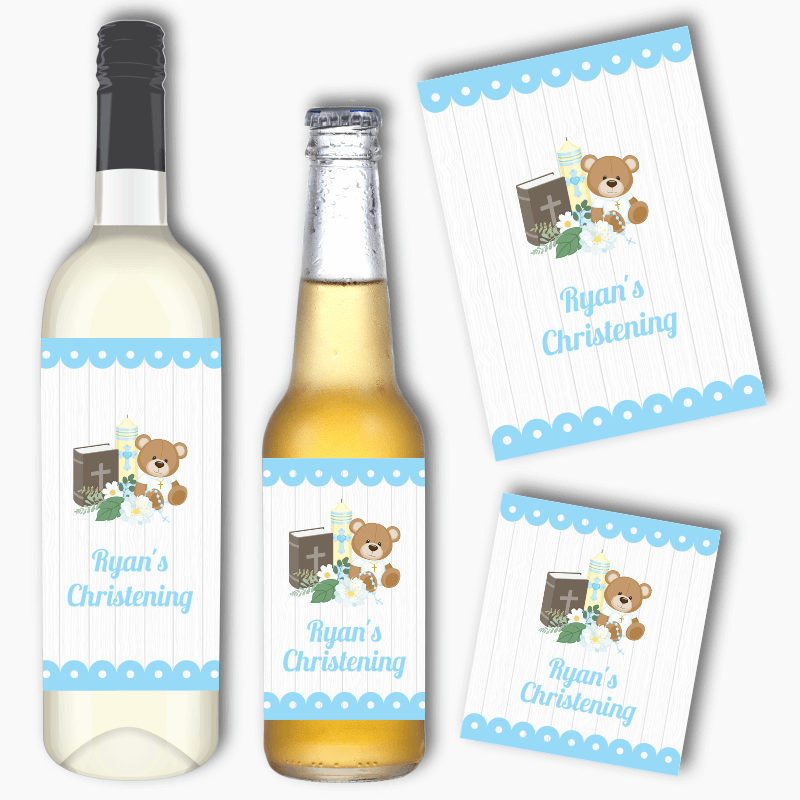 Personalised Boys Teddy Bear Christening Wine & Beer Labels
