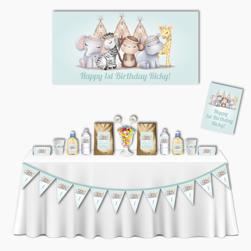 Personalised Boys Boho Jungle Animals Deluxe Birthday Party Decorations Pack