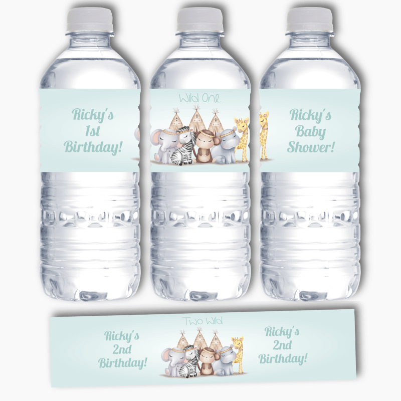 Personalised Boys Boho Jungle Animals Party Water Bottle Labels