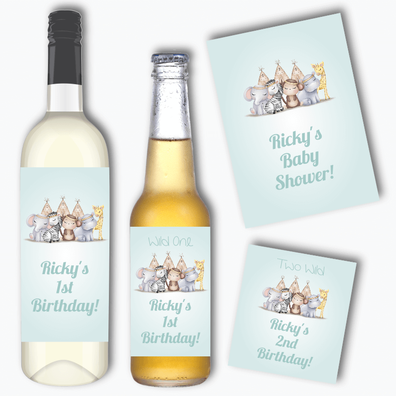 Personalised Boys Boho Jungle Animals Wine & Beer Labels