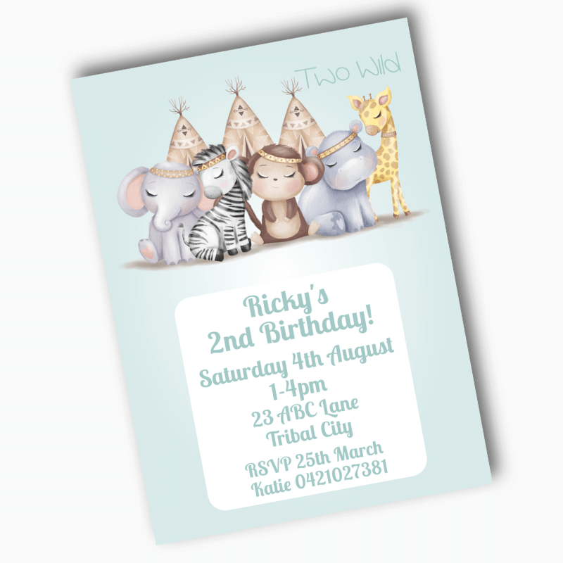 Personalised Boys Boho Jungle Animals Two Wild Party Invites