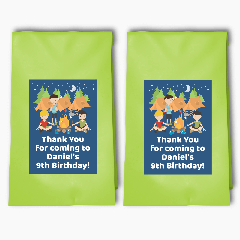 Personalised Boys Camp Out Birthday Party Bags &amp; Labels